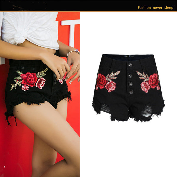 Floral Embroidered Ripped Frayed Denim Button-up Jean Shorts