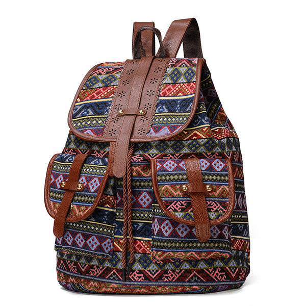 Ethnic Patterned Multi-Pocket Backpack