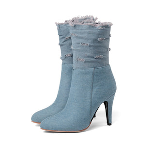 Buy light-blue Women Shredded Denim Heeled Boots