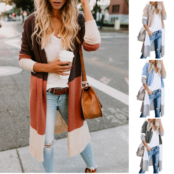 Casual Long Sleeve Tricolor Panel Cardigan