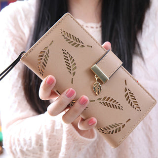 Buy apricot Women Hallow Feather Long Wallet