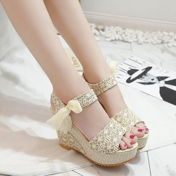 Mesh Bow Textured High Heel Patterned Sandals