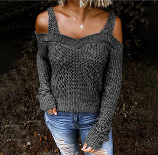 Buy dark-grey Sling Off Shoulder Knit Long Sleeve Sweater