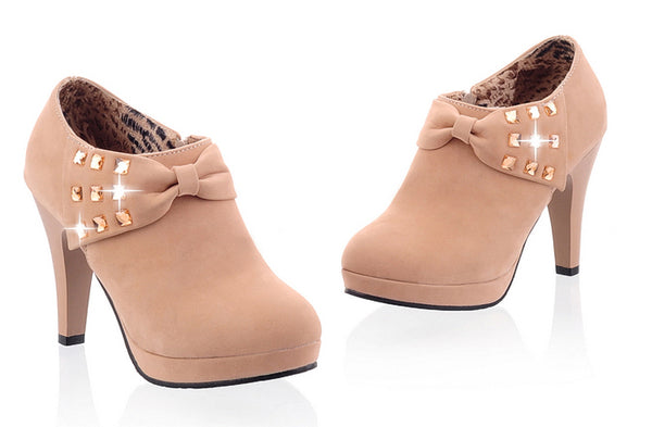 Round Bow Rhinestone Suede High Heel Boot