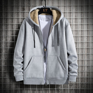 Buy light-gray Men Solid Colored Zip Up Plush Hoodie