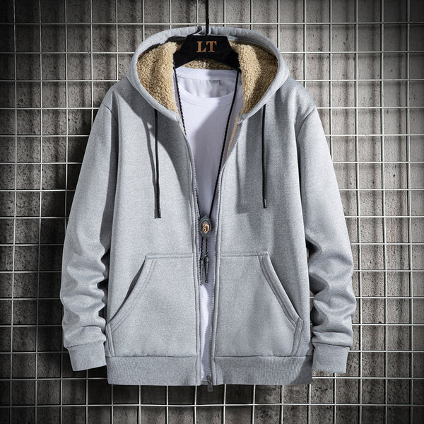 Men Solid Colored Zip Up Plush Hoodie