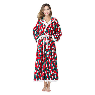 Buy christmas-checkered Christmas Fleece Hooded Plush Long Robe