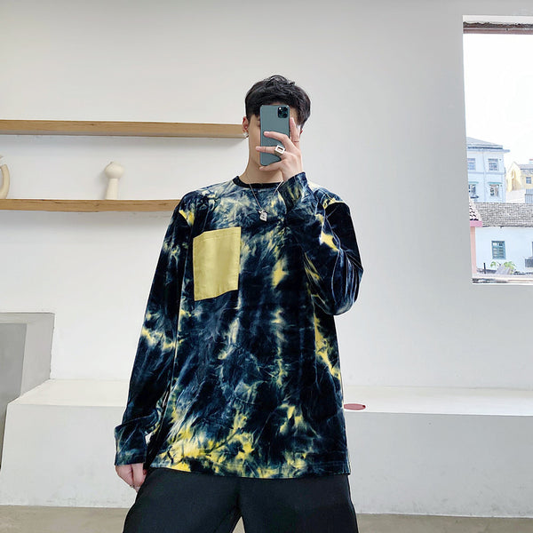 Men Long Sleeve Tie-dye Gold Velvet Shirt