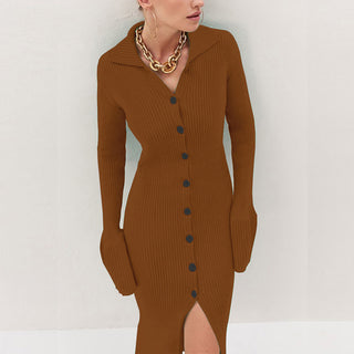 Buy caramel Long Button Flare Sleeve Strip Sweater Cardigan Dress