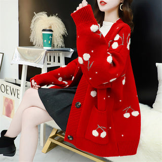 Buy red Cherry Knit V Neck Cardigan Sweater