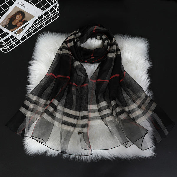 Women Classic Plaid Silk Scarf