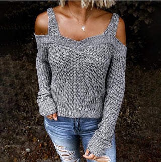 Buy light-grey Sling Off Shoulder Knit Long Sleeve Sweater