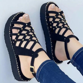 Grid Patterned Strap Rhinestone Thick Sole Sandals