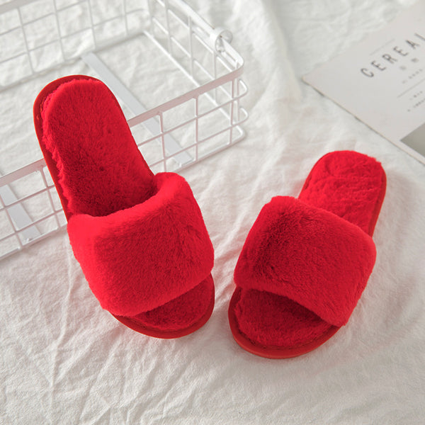 Women Open Toed Plush Slip-on Slippers