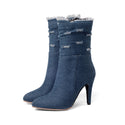 Women Shredded Denim Heeled Boots