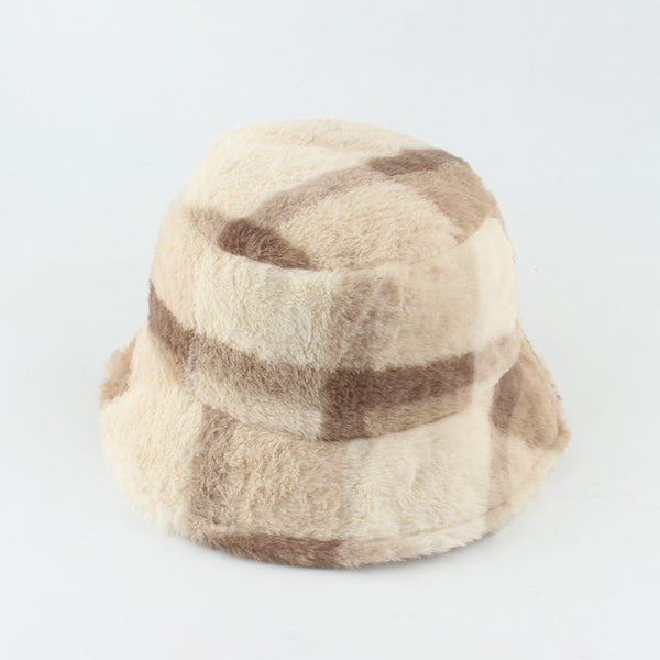 Women Cotton Plush Plaid Flat-top Basin Hat