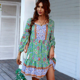 Buy green Women V-Neck Long Sleeve Fringe Dress