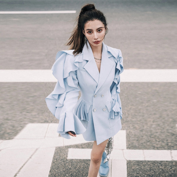 French Ruffle Blue Wave Sleeve Blazer