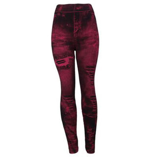 Buy dark-red High Waist Tight Denim Printed Leggings