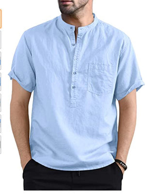 Buy light-blue Men&#39;s Cotton Linen Solid Color Pocket Shirts