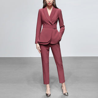 Two Piece V Neck Belted Casual Blazer & Dress Pants