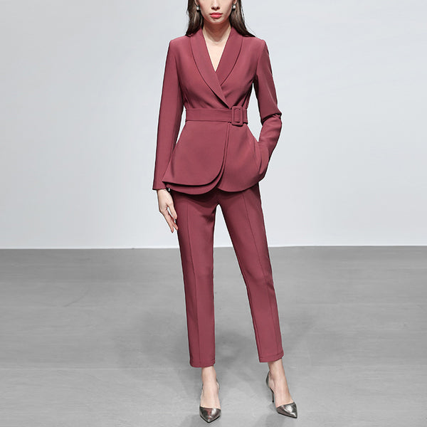 Two Piece V Neck Belted Casual Blazer & Dress Pants