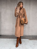 Women V Neck Belted Waist Woolen Coat