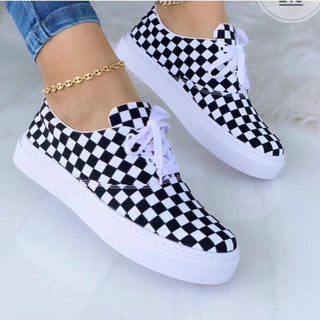 Buy black-and-white-grid Women Lace-up Print Canvas Fashion Sneakers