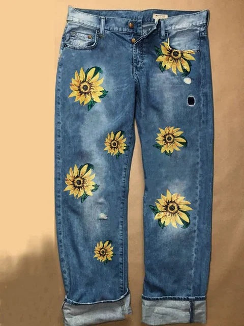 Printed Sunflower Wide-leg Denim Jeans