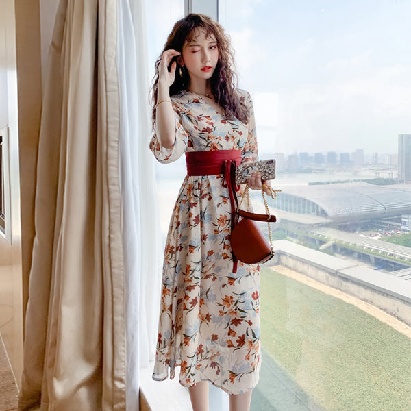 Floral Chiffon Belted Style Dress