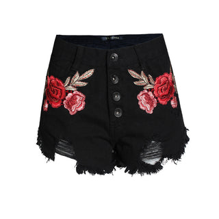 Floral Embroidered Ripped Frayed Denim Button-up Jean Shorts