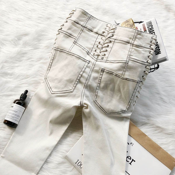 Women Versatile Drawstring White Jeans