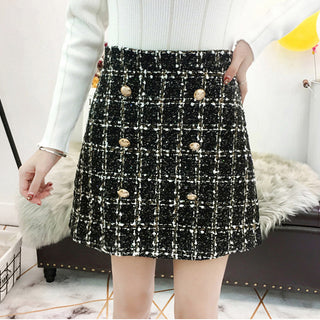 Buy black-button Women Plaid Woolen Skirt