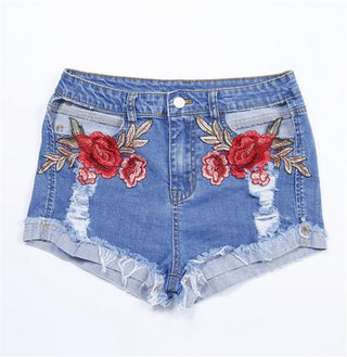 Embroidered Floral Stitching Curled Denim Shorts