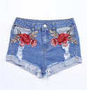 Embroidered Floral Stitching Curled Denim Shorts