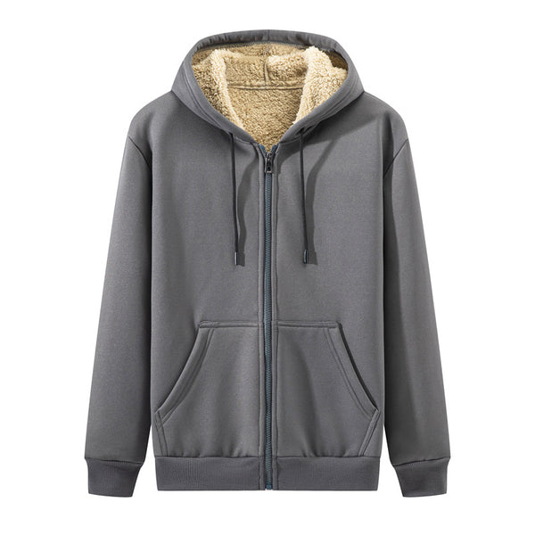 Men Solid Colored Zip Up Plush Hoodie