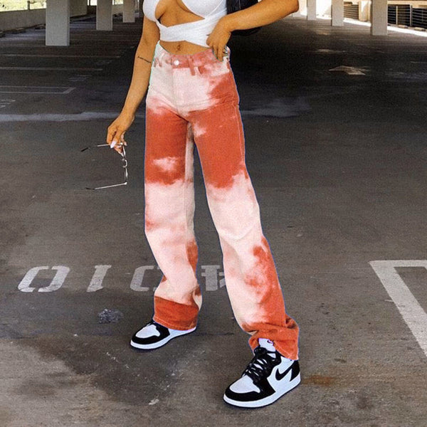 Cloud Printed High Waist Straight Tie-dye Pants