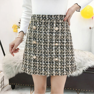 Buy khaki-button Women Plaid Woolen Skirt