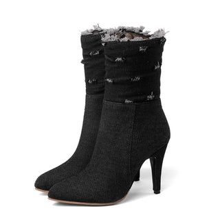 Buy black Women Shredded Denim Heeled Boots