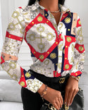 Loose Long Sleeve V Neck Button Print Shirt