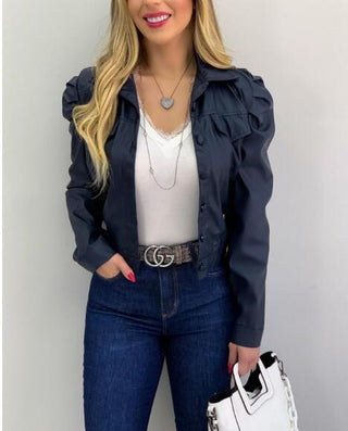 Buy blue Women Lapel Cardigan Short Jacket