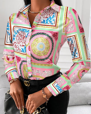 Buy style-7 Loose Long Sleeve V Neck Button Print Shirt