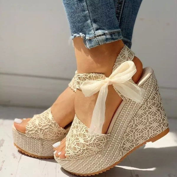 Mesh Bow Textured High Heel Patterned Sandals