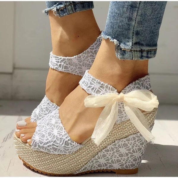 Mesh Bow Textured High Heel Patterned Sandals