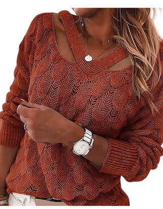 Buy brown Feather Patterned Netted V-neck Off-the-shoulder Sweater