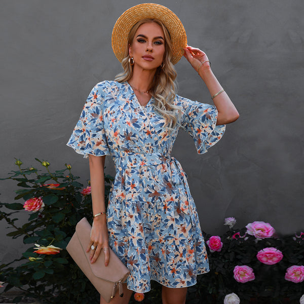 V-Neck Short-Sleeved Ruffled Floral Dress