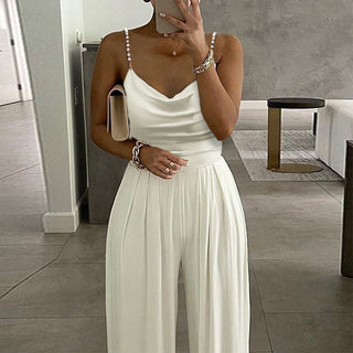 Buy white Wide Leg Sleeveless V-neck Halter Trousers Jumpsuit