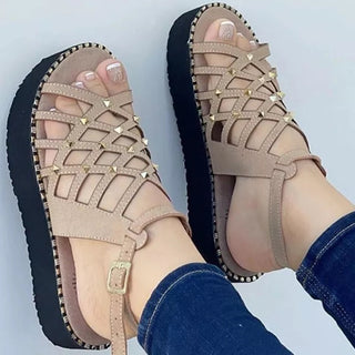 Buy beige Grid Patterned Strap Rhinestone Thick Sole Sandals