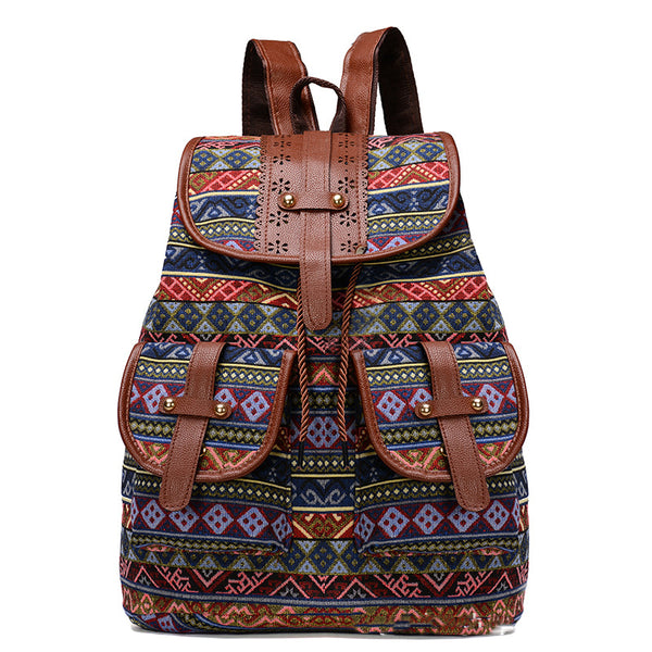 Ethnic Patterned Multi-Pocket Backpack