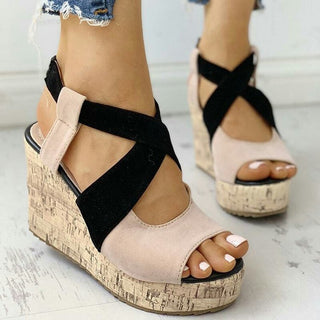 High Heel Wedge Contrast Color Leather Sandals